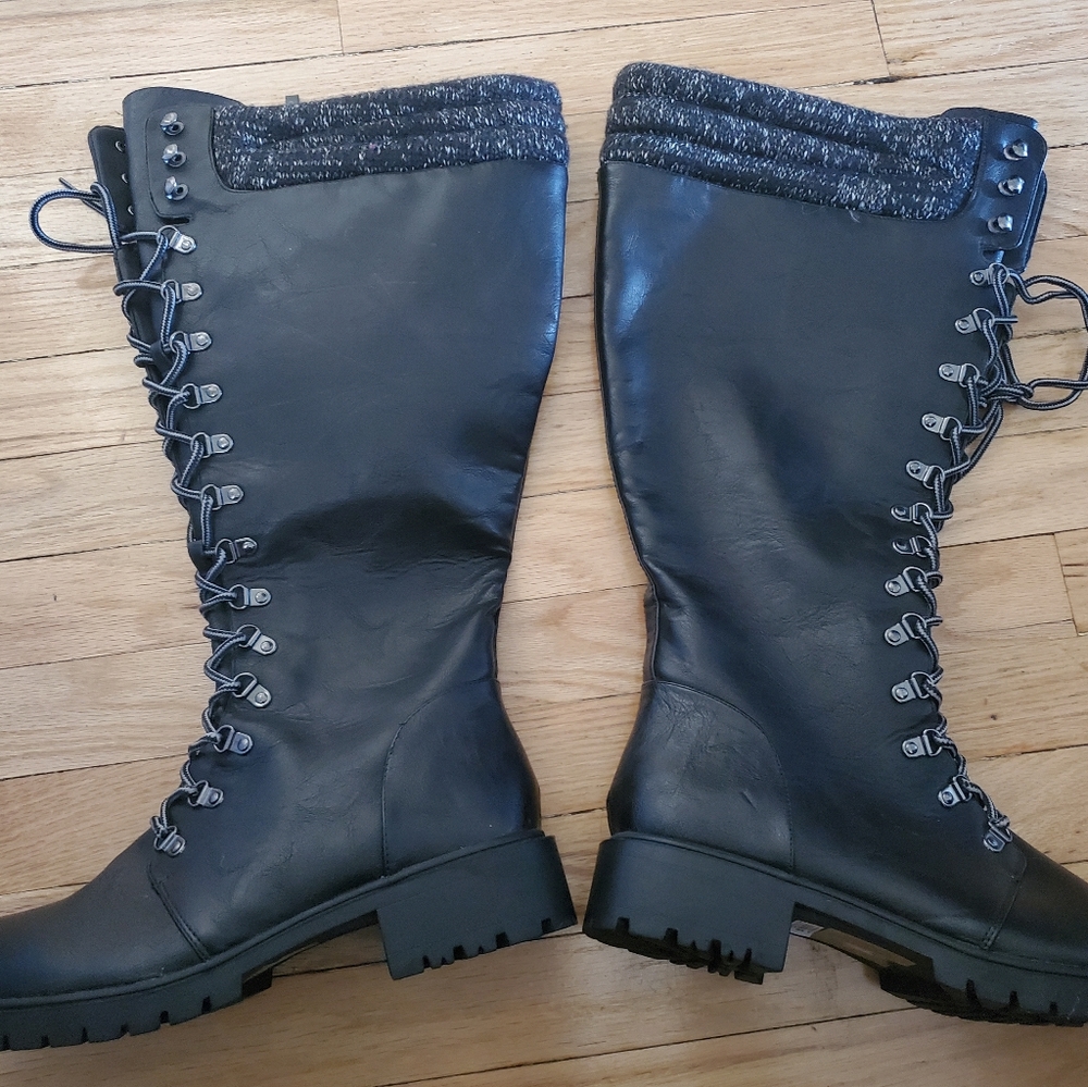 Torrid Sweater trimmed faux leather knee high combat boots (wide calf)